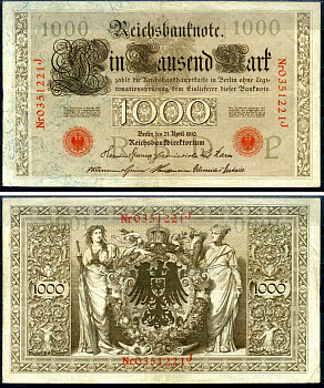 Германия 1000 марок 1910 21 апреля 1910, красная печать, номер семизначный, серия J, буква P, выпуск АПРЕЛЬ - ИЮЛЬ 1918 Pick 44 b бумага 2194-38-2-1