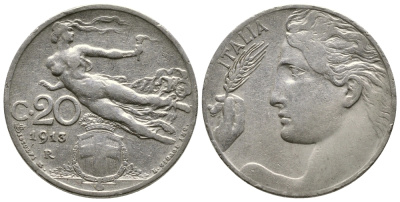 Италия 20 чентезимо 1913 R, Виктор Эммануил III (1900-1946) KM 44 никель 177-1056