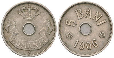 Румыния 5 бань (бани) 1906 Кароль I (1881-1914) KM 31 медно-никель 218-341