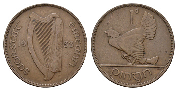 Ирландия 1 пенни 1933 курица с цыплятами KM 3 бронза 4672-413