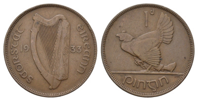 Ирландия 1 пенни 1933 курица с цыплятами KM 3 бронза 4672-413