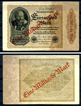 Германия 1000000000 марок 1923 красная диагональная, двухсторонняя надпечатка на 1000 марок 1922, бумага белая, водяной знак 1001 Pick 113 a (2) бумага 8589-49-2-2