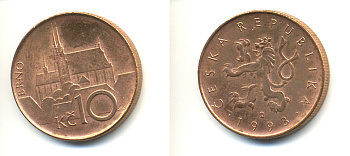 ЧЕХИЯ 10 КРОН 1993 КАФЕДРАЛЬНЫЙ СОБОР ГОРОДВ БРНО KM 4 сталь плакированная медью 89-1627