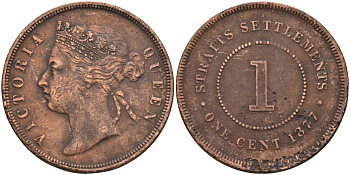 Стрейтс-Сетлментс 1 цент 1877 Виктория (1837-1901), Ост-Индская компания KM 9 медь 4590-431