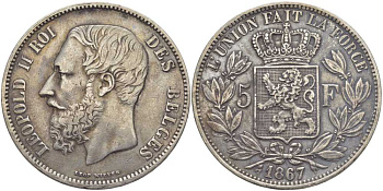 Бельгия 5 франков 1867 Леопольд II (1865-1909), БЕЗ ТОЧКИ ПОСЛЕ F, НА РЕВЕРСЕ KM 24 серебро 5010-821