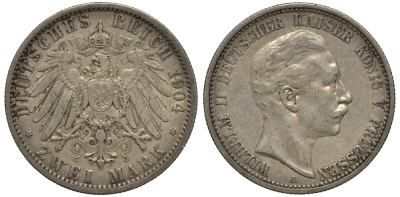 Пруссия 2 марки 1904 A, Вильгельм II (1888-1918) J.102, Weege 101, KM 522 серебро 3711-735