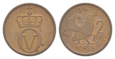 Норвегия 2 эре 1967 Улаф V (1957-1991) KM 410 бронза UNC 4635-345