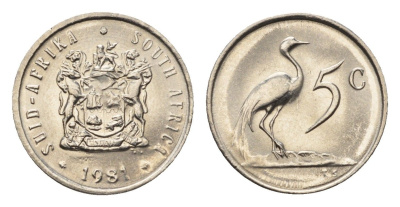 ЮАР 5 центов 1981 герб, райский журавль KM 84 никель UNC 4694-449