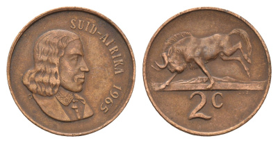ЮАР 2 цента 1965 Ян ван Рибек (1619-1677), Suid Africa, легенда на африкаанс, антилопа гну KM 66.2 бронза 4121-427