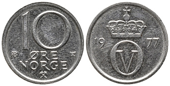 Норвегия 10 эре 1977 Улаф V (1957-1991) KM 416 медно-никель 66-152