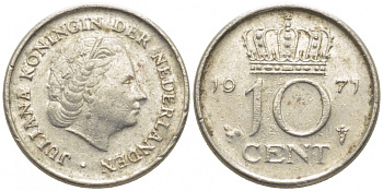 Нидерланды 10 центов 1971 Юлиана (1948-1980) KM 182 никель 112-345