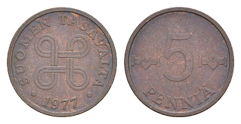 Финляндия 5 пенни 1977 KM 45 медь 4647-268