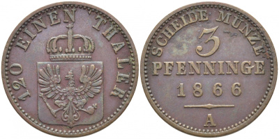 ПРУССИЯ 3 ПФЕННИГА 1866 А, ВИЛЬГЕЛЬМ I (1861-1888) KM 482 медь 3856-725