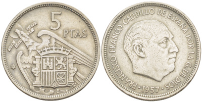 Испания 5 песет 1957 (71) Франсиско Франко (1939-1975) KM 786 медно-никель 216-634