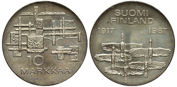 Финляндия 10 марок 1967 S-H, 50 лет независимости (1917-1967), в оригинальном холдере KM 50 серебро    01-183-34