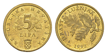 Хорватия 5 лип 1997 дуб, нечетный год KM 5 сталь плакированная латунью aUNC 3334-1166