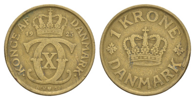 Дания 1 крона 1925 HCN, Кристиан X (1912-1947) KM 824 алюминиевая бронза 4657-326