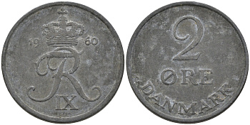Дания 2 эре 1960 C; S, Фредерик IX (1947-1972) KM 840.2 цинк 4566-424