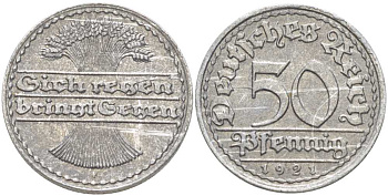 ГЕРМАНИЯ 50 ПФЕННИГОВ 1921 F KM 27, J. 301, Weege 10 алюминий 261-337