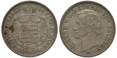 САКСОНИЯ 1/6 ТАЛЕРА 1856 F, ИОГАНН (1854-1873) KM 1186 серебро 1517-725