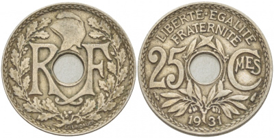 ФРАНЦИЯ 25 САНТИМОВ 1931 ТИП ЛАНДАЙЁ KM 867а, LE FRANC 171,15 медно-никель 4402-837