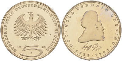ФРГ 5 марок 1981 J, 200 лет со дня смерти Готхольда Эфраима Лессинга KM 154, J.429 медно-никель плакированный никелем плакированный никелем PROOF 02-265-14