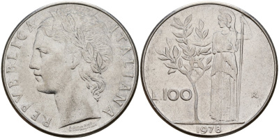 Италия 100 лир 1978 R, Афина у оливкого дерева KM 96.1 нержавеющая сталь 4149-1226