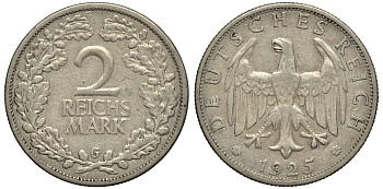 ГЕРМАНИЯ 2 РЕЙХСМАРКИ 1925 G J. 320, KM 45 серебро 413-3031