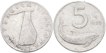 Италия 5 лир 1953 R, дельфин, плуг KM 92 алюминий 4551-714