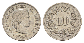 Швейцария 10 раппенов 1946 B KM 27 медно-никель 4609-641
