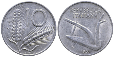 ИТАЛИЯ 10 ЛИР 1955 R, КОЛОСЬЯ, ПЛУГ KM 93 алюминий 4385-1046