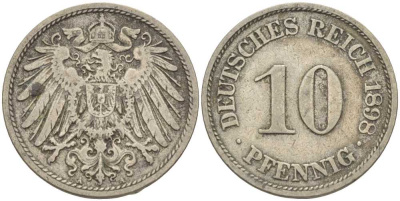 ГЕРМАНИЯ 10 ПФЕННИГОВ 1898 A KM 12, J. 13 медно-никель 4401-1041