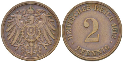 Германия 2 пфеннига 1913 D KM 16, J. 11, Weege 4 медь 206-632
