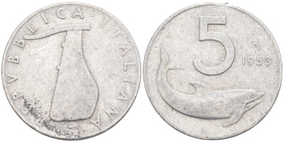 Италия 5 лир 1953 R, дельфин, плуг KM 92 алюминий 4551-714