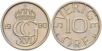Швеция 10 эре 1980 Карл XVI Густав (1973- ) KM 850 медно-никель 4602-742