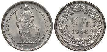 Швейцария 1/2 франка 1968 KM 23а.1 медно-никель UNC 4124-536