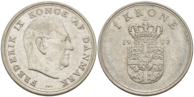 ДАНИЯ 1 КРОНА 1967 C; S, ФРЕДЕРИК IX (1947-1972) KM 851.1 медно-никель 213-1217