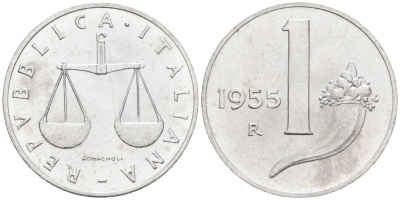 Италия 1 лира 1955 R, весы KM 91 алюминий  UNC  4594-649