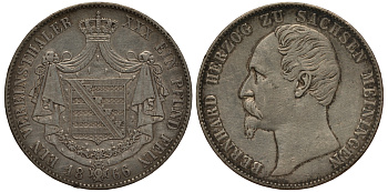 Саксен-Мейнинген 1 талер 1866 Бернгард II Эрих Фрейнд Саксен-Мейнингенский (1821-1866) Jaeger 450, Thun 379, AKS 184, Kahnt 505, KM 167 серебро 00-806-39