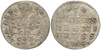 Польша, Восточная Пруссия 1 грош 1764 Е, Фридрих II Прусский (1740-1786), вес 0,53 гр., монетный двор Кенигсберг KM 8, Olding 232b, v. Schrotter 1245 серебро 1517-1232