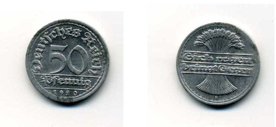 ГЕРМАНИЯ 50 ПФЕННИГОВ 1920 F KM 27, J. 301 алюминий 29-341