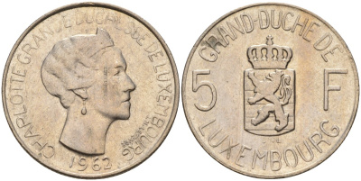 Люксембург 5 франков 1962 Великая герцогиня Шарлотта (1919-1964) KM 51 медно-никель 4143-1252