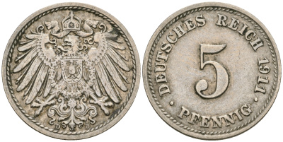 Германия 5 пфеннигов 1911 D KM 11, J. 12, Weege 6 медно-никель 08-1463