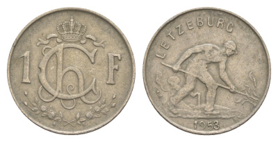 Люксембург 1 франк 1953 сталева KM 46.2 медно-никель 4649-669