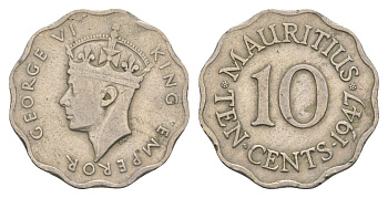 Маврикий 10 центов 1947 год-тип KM 24 медно-никель 633-724
