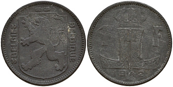 Бельгия 1 франк 1942 Belgique - Belgie, Леопольд III (1934-1947), германская оккупация, Вторая мировая война KM 127 цинк 4161-455