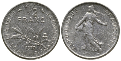 Франция 1/2 франка 1970 KM 931.1 никель 3461-251