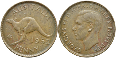 Австралия 1 пенни 1952 m, Георг VI (1937-1952), кенгуру KM 43 бронза 4394-412
