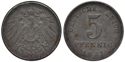 Германия 5 пфеннигов 1921 D KM 19, J. 297, Weege 5 железо 4118-1211