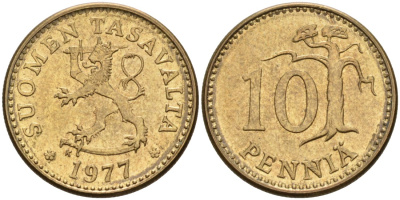 ФИНЛЯНДИЯ 10 ПЕННИ 1977 K KM 46 алюминиевая бронза 192-1042